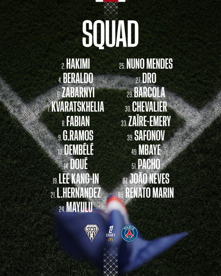 开云体育下载app-巴黎对阵昂热名单：登贝莱领衔，维蒂尼亚、马尔基尼奥斯缺席